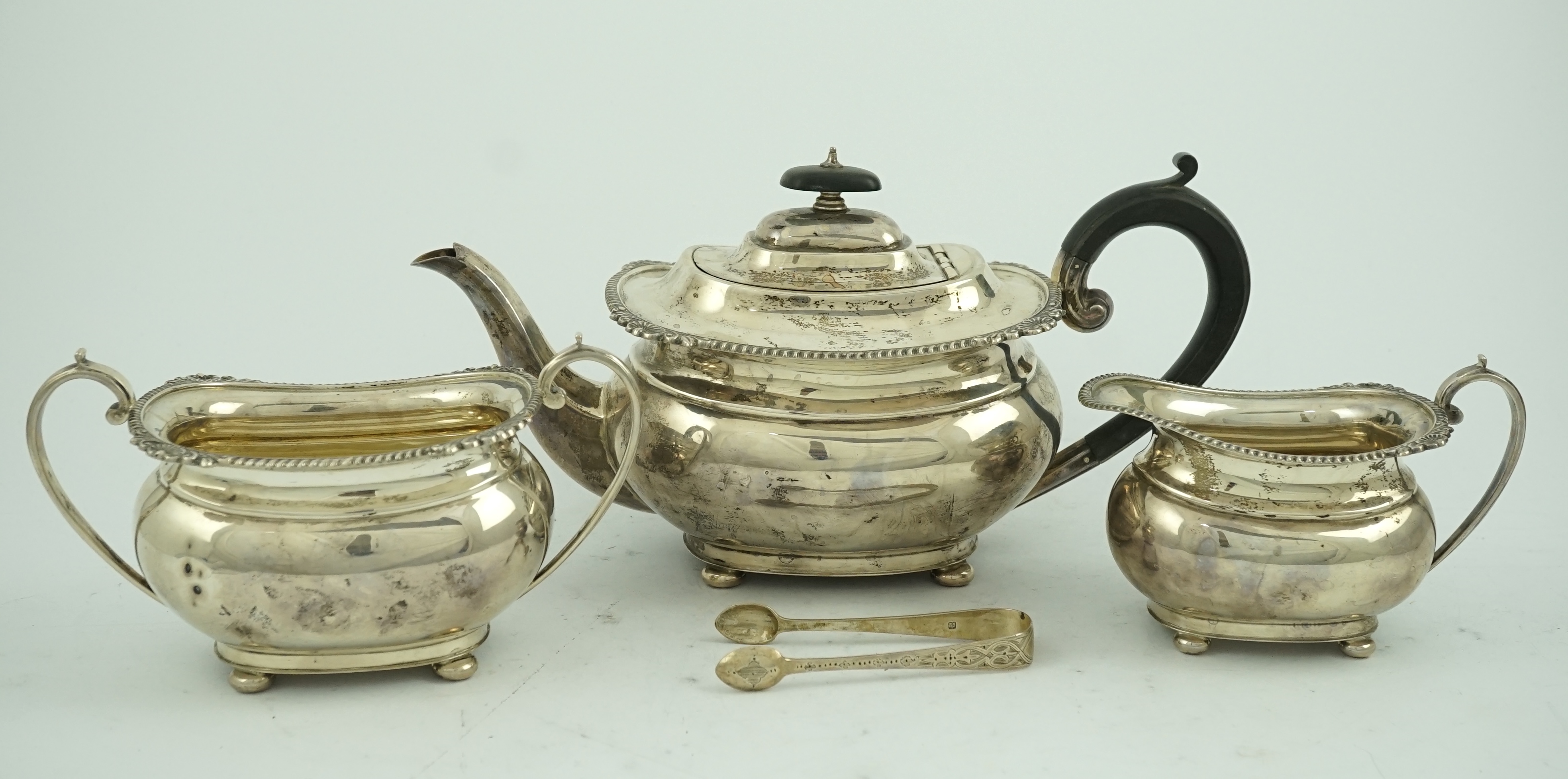 A George VI silver three piece tea set, by George Howson